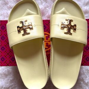 New Tory Burch Everly Nappa Yellow Slide Sandal Espadrille lug, Size 8